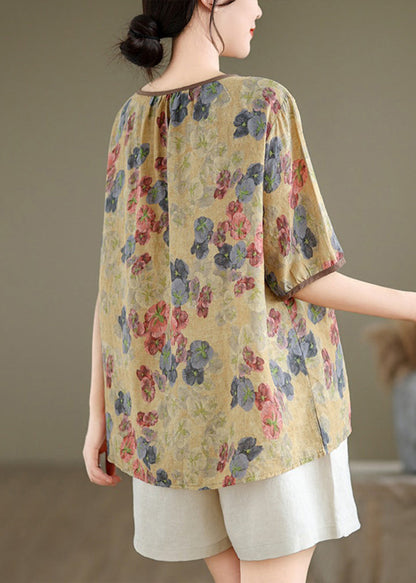 Yellow Print Loose Linen T Shirts O Neck Short Sleeve JH045 MMDM-HTP240717