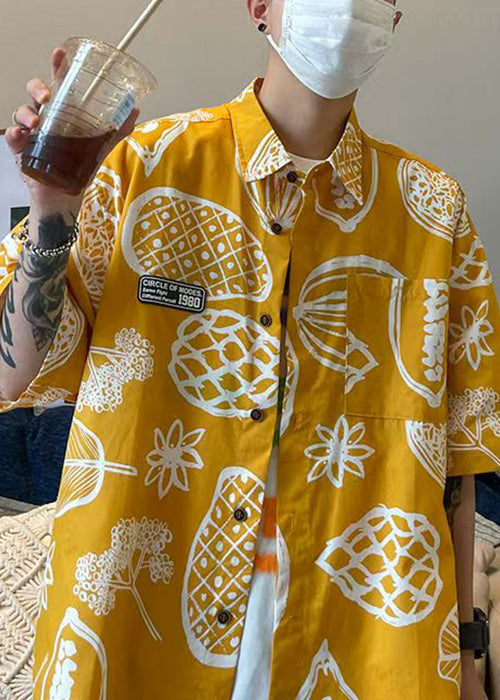 Half Pockets Pan Collar Cotton Print Peter Yellow Men Shirts FashionChic