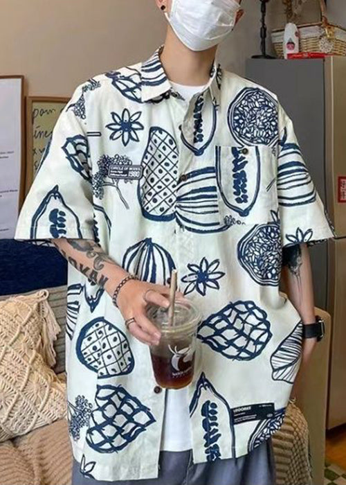 Half Pockets Pan Collar Cotton Print Peter Yellow Men Shirts FashionChic