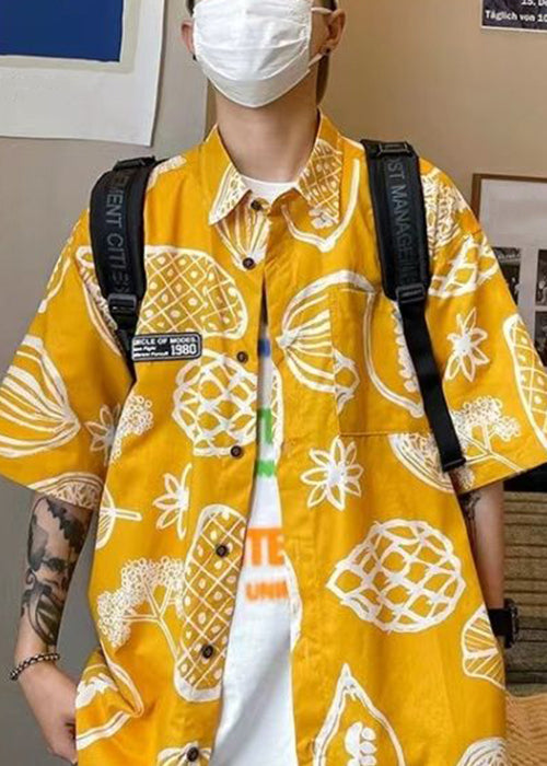 Half Pockets Pan Collar Cotton Print Peter Yellow Men Shirts FashionChic