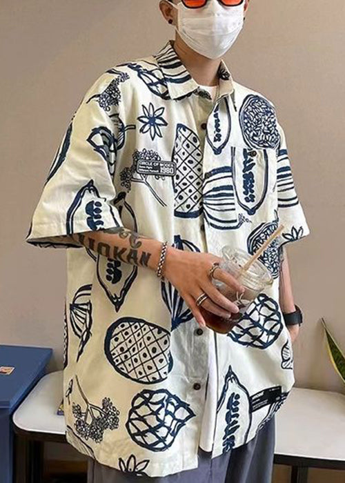 Half Pockets Pan Collar Cotton Print Peter Yellow Men Shirts FashionChic