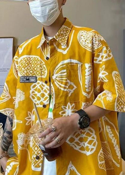 Half Pockets Pan Collar Cotton Print Peter Yellow Men Shirts FashionChic