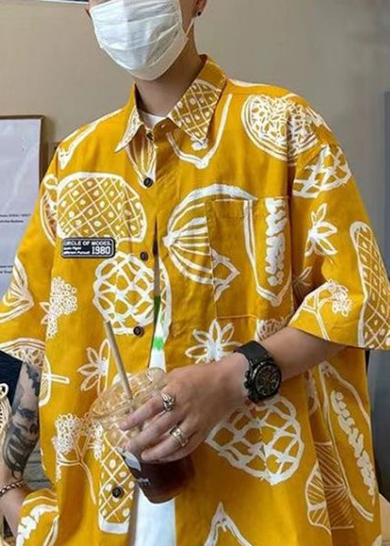 Half Pockets Pan Collar Cotton Print Peter Yellow Men Shirts FashionChic