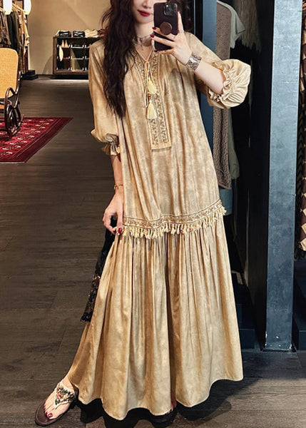 Dress Sleeve Long Yellow Silk V Tasseled Neck Half Print FashionChic