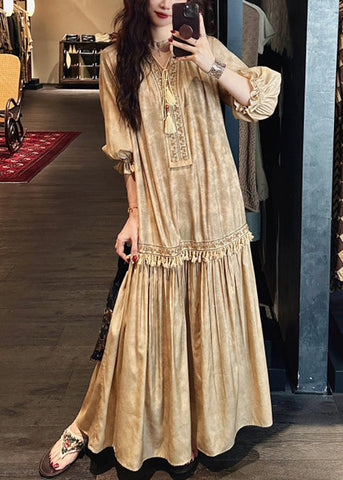 Dress Sleeve Long Yellow Silk V Tasseled Neck Half Print FashionChic