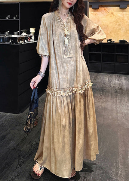 Dress Sleeve Long Yellow Silk V Tasseled Neck Half Print FashionChic