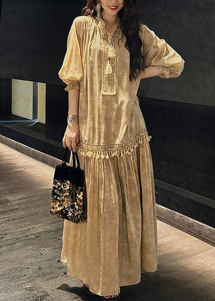 Dress Sleeve Long Yellow Silk V Tasseled Neck Half Print FashionChic