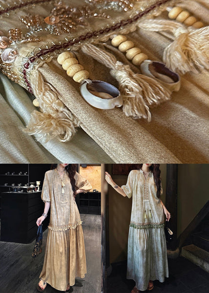 Dress Sleeve Long Yellow Silk V Tasseled Neck Half Print FashionChic