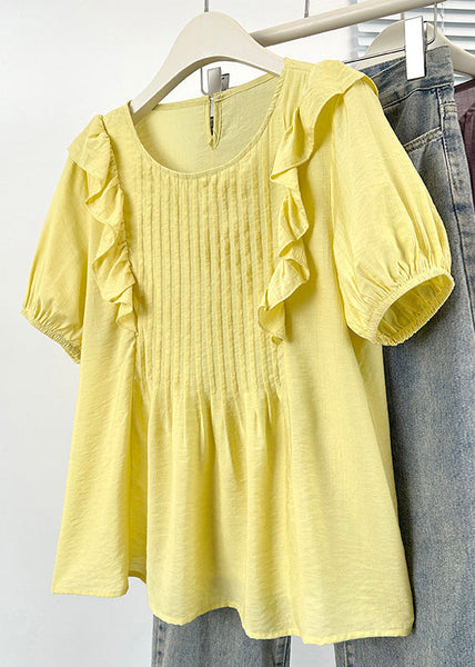 Button Shirts Solid Cotton Neck Yellow O Ruffled FashionChic