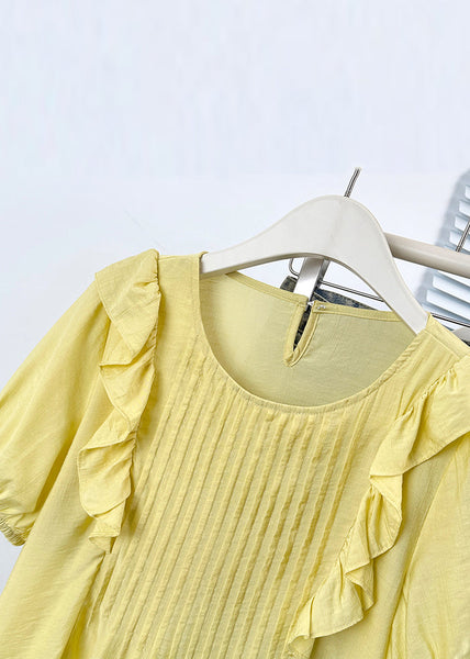 Button Shirts Solid Cotton Neck Yellow O Ruffled FashionChic