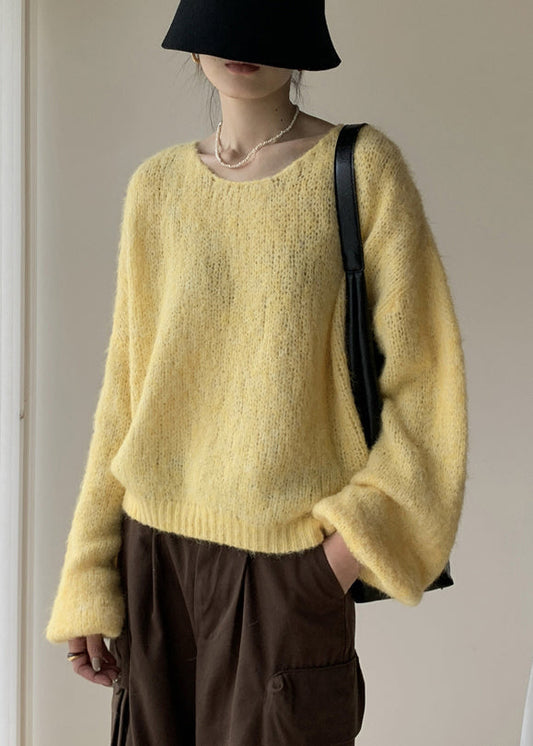 Yellow Solid Cotton Knit Pullover Sweater V Neck Winter WY020 OM-OL241106