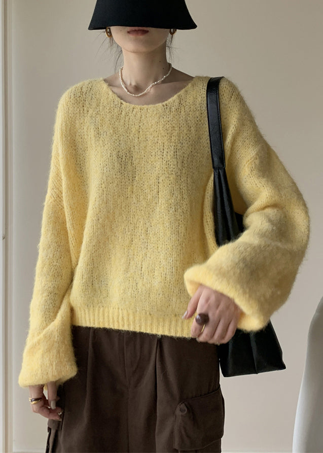 Yellow Solid Cotton Knit Pullover Sweater V Neck Winter WY020 OM-OL241106
