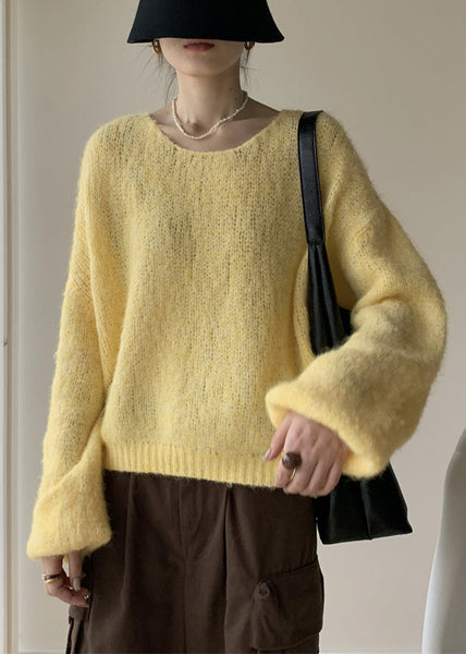 Yellow Solid Cotton Knit Pullover Sweater V Neck Winter WY020 OM-OL241106