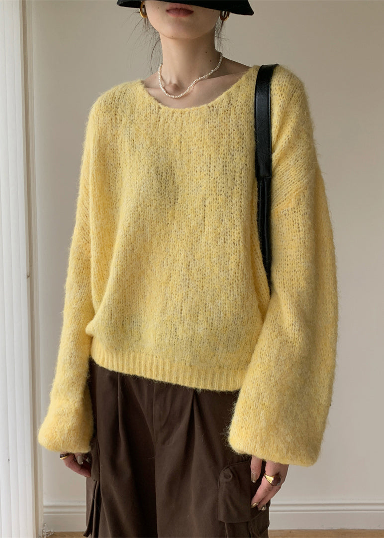 Yellow Solid Cotton Knit Pullover Sweater V Neck Winter WY020 OM-OL241106