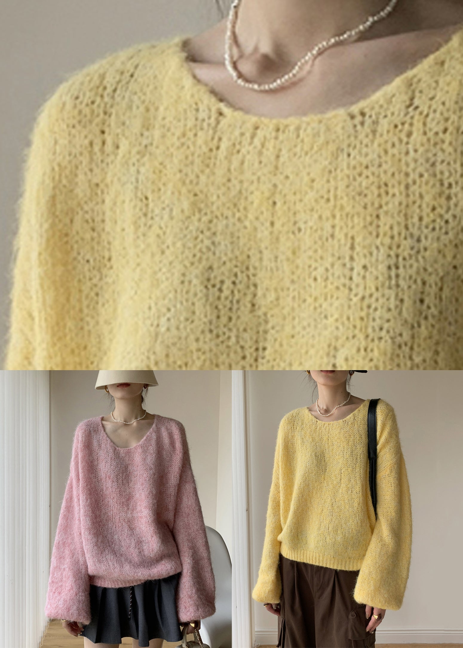 Yellow Solid Cotton Knit Pullover Sweater V Neck Winter WY020 OM-OL241106