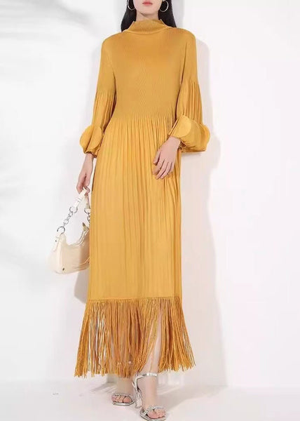 Long Tasseled Dress Turtleneck Petal Sleeve Cotton Yellow FashionChic