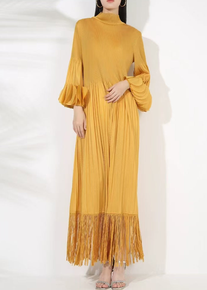 Long Tasseled Dress Turtleneck Petal Sleeve Cotton Yellow FashionChic