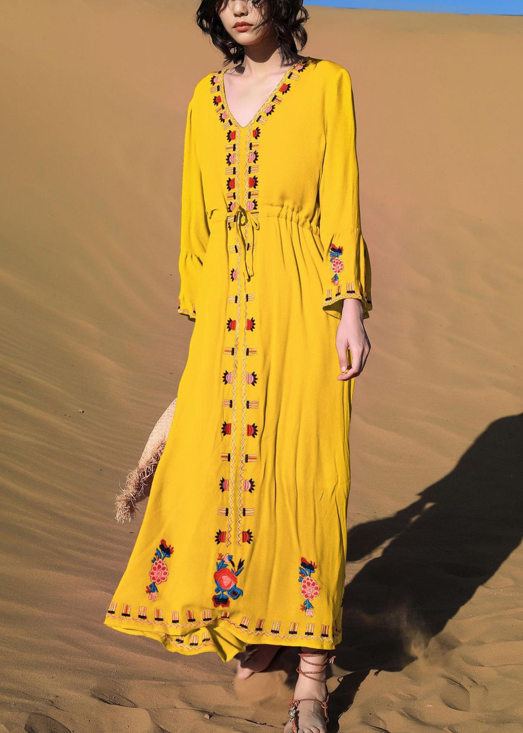 Waist Yellow Fall Dress Embroidered Tie Long Cotton FashionChic