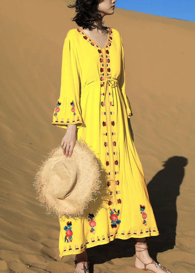 Waist Yellow Fall Dress Embroidered Tie Long Cotton FashionChic