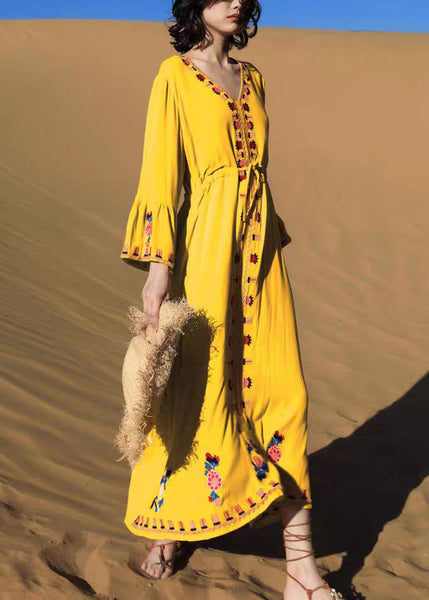 Waist Yellow Fall Dress Embroidered Tie Long Cotton FashionChic