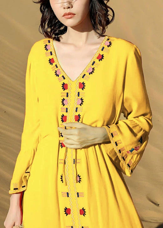 Waist Yellow Fall Dress Embroidered Tie Long Cotton FashionChic