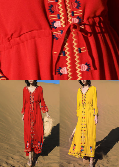 Waist Yellow Fall Dress Embroidered Tie Long Cotton FashionChic