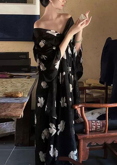 Stylish Black V Neck Print Chiffon Long Dress Half Sleeve QP027 OL-SDL241001