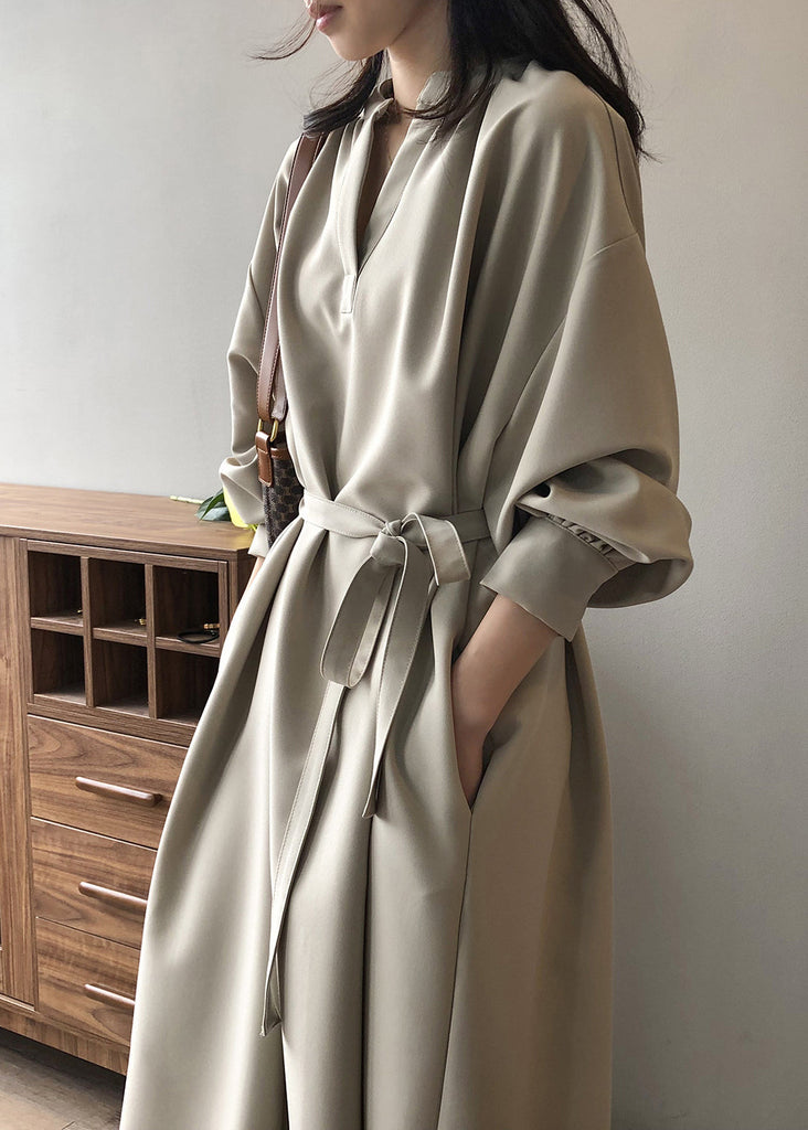 Elegant Apricot V Neck Tie Waist Cotton Long Dress Fall AF1069 HS-FDL240914