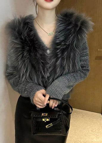 Art Grey V Neck Fur Collar Cotton Knit Sweater Winter WV027 ABC