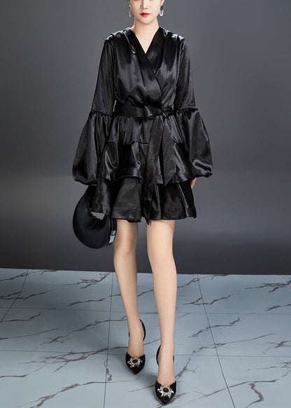 Black Solid Silk Mid Dress V Neck Long Sleeve AR1032 JDML-240823