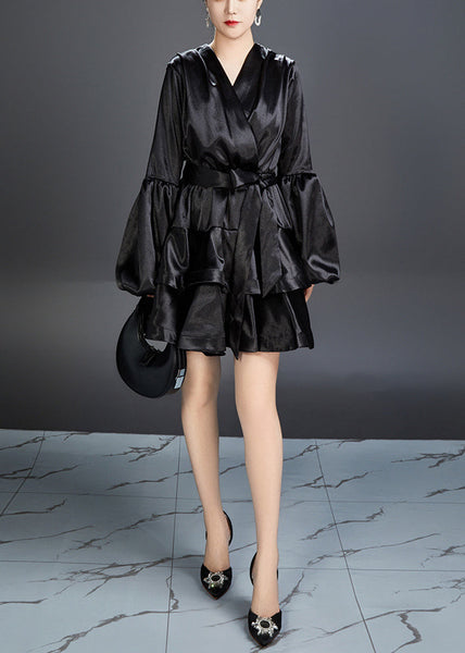 Black Solid Silk Mid Dress V Neck Long Sleeve AR1032 JDML-240823