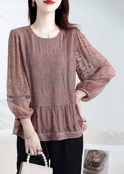 Loose Coffee O-Neck Embroidered Patchwork Silk Top Bracelet Sleeve WD025 OL-LTP241103