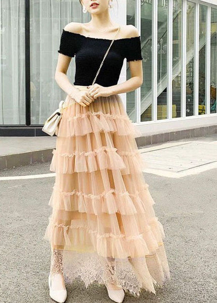 Cute Apricot Wrinkled Lace Patchwork Tulle Skirts Spring AZ1021 shopify