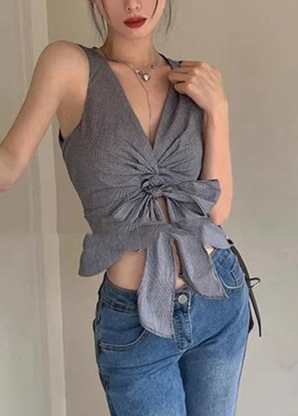 Sexy Grey V Neck Tie Waist Vest Summer AN1028 Genistyle Shop