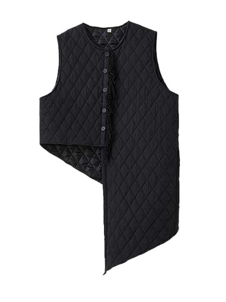 Casual Black Round-Neck Asymmetric Buttoned Quilted Sleeveless Padded Vest TW014 ABC