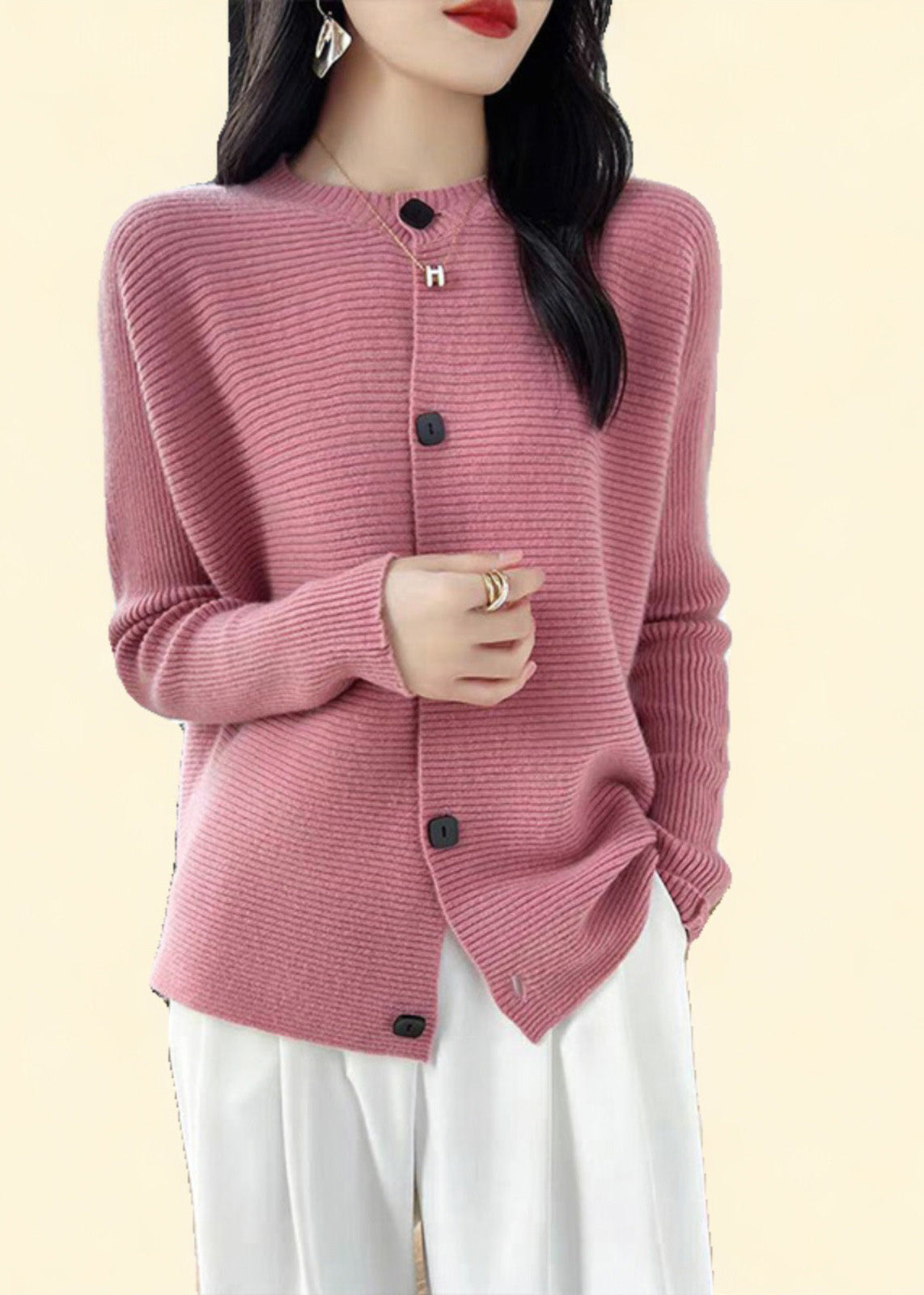 Fine Pink O-Neck Button Cotton Knit Cardigans Fall QP046 OL-NCT241001