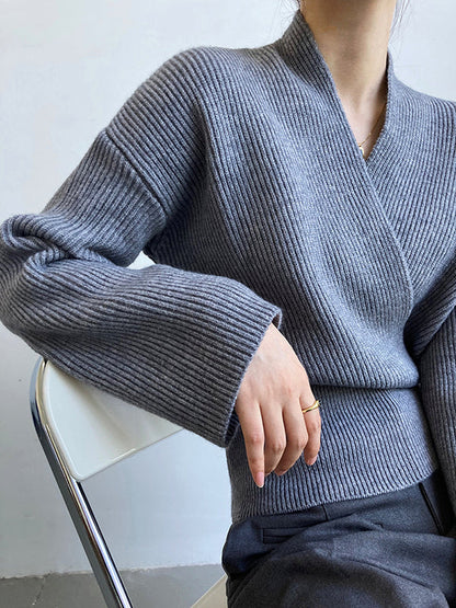 French Grey Cross V-Neck Long Sleeve Sweater QX012 shopify