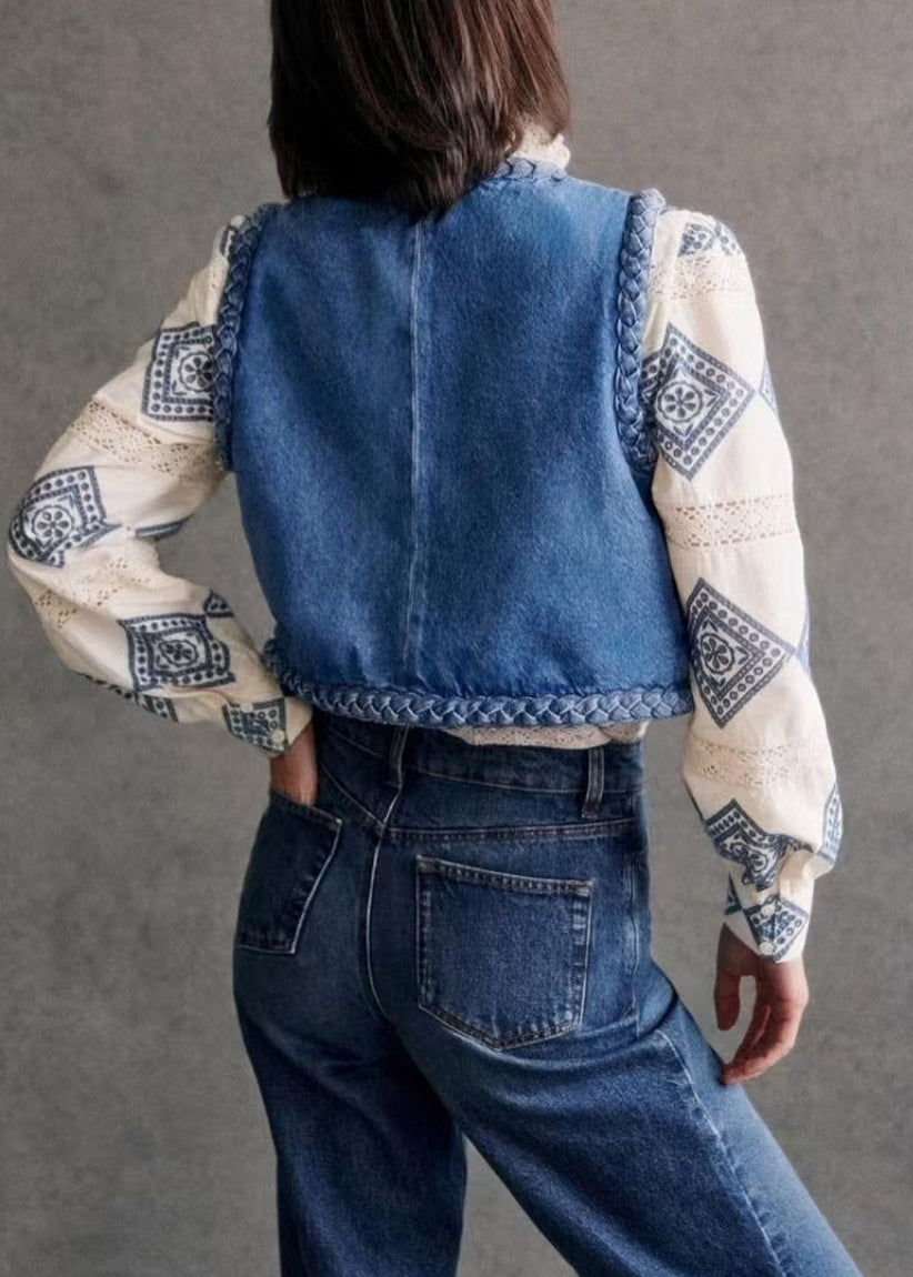 O Bohemian Cotton Filled Blue Fine Denim Vest Neck Sleeveless FashionChic