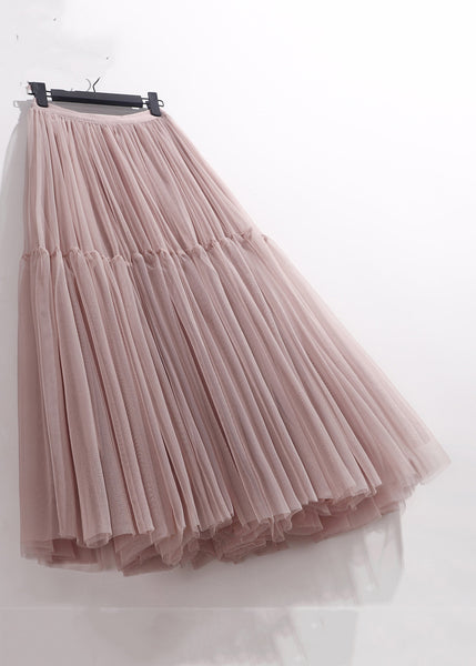 Waist Patchwork Tulle Pink Loose Skirt High Summer Pleated FashionChic