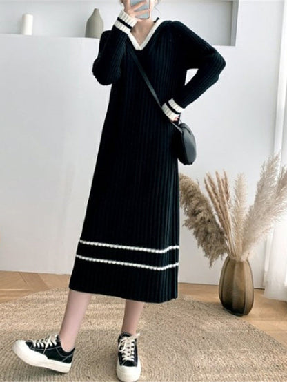 Urban Coffee Hooded V-Neck Long Sleeve Striped Knit Dress AN1051 Genistyle Shop