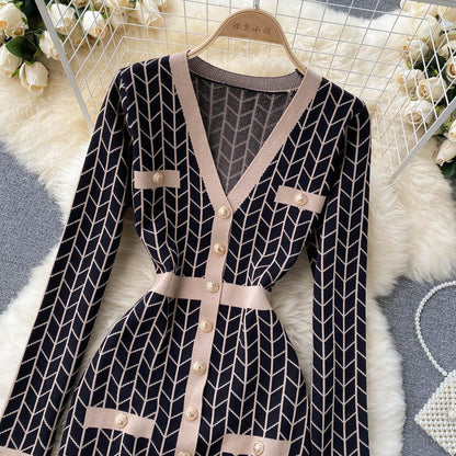 Women Black V-Neck Geometric Long Sleeve Knit Bodycon Dress AR1017 shopify