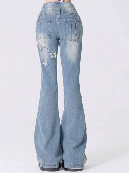 with Appliques Y2K Flare Blue/Black Jeans Star Silhouette FashionChic