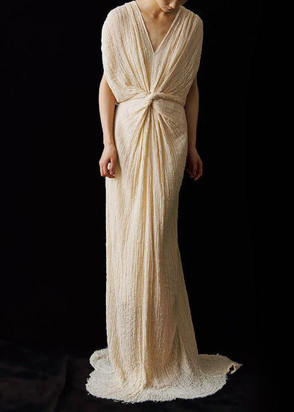 Up Italian Summer Dress Neck Lace Wrinkled Ankle V FashionChic