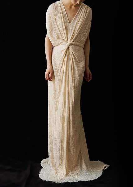 Up Italian Summer Dress Neck Lace Wrinkled Ankle V FashionChic