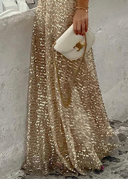 Waist High Maxi Sequins Stylish Gold Spring Skirts FashionChic