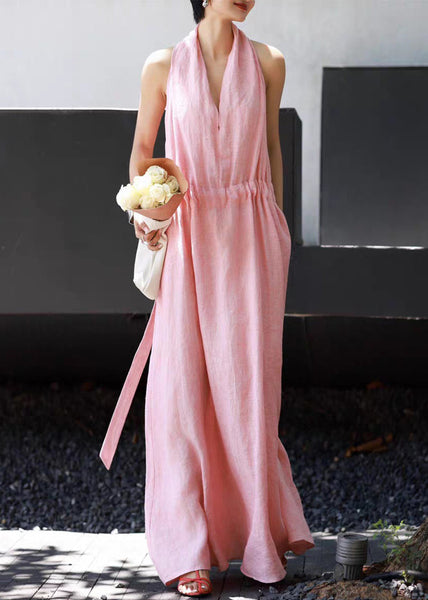 Waist Simple Tie Pockets Pink Sleeveless Dresses Linen Long FashionChic