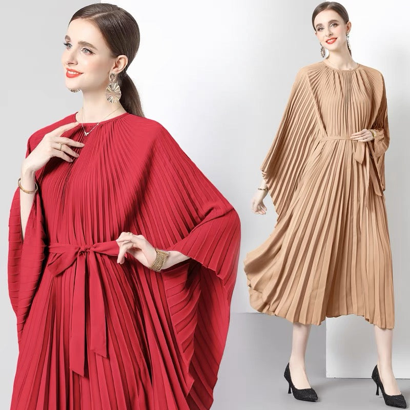 Italian Pink Batwing Sleeve Lace-up Pleated Dress AZ1004 Genistyle Shop