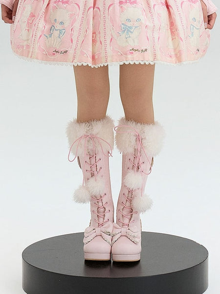 - Bow Cuff Accents Lolita Boots Plush Sweet with PU Knee-High Pink FashionChic