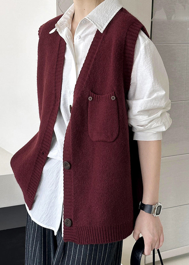 Wine Red Pockets Cozy Knit Waistcoat V Neck Fall AF1022 HS-NCT240914