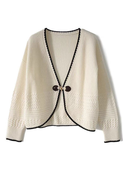 Women Beige V Neck Woolen Knit Cardigan Fall QC049 shopify
